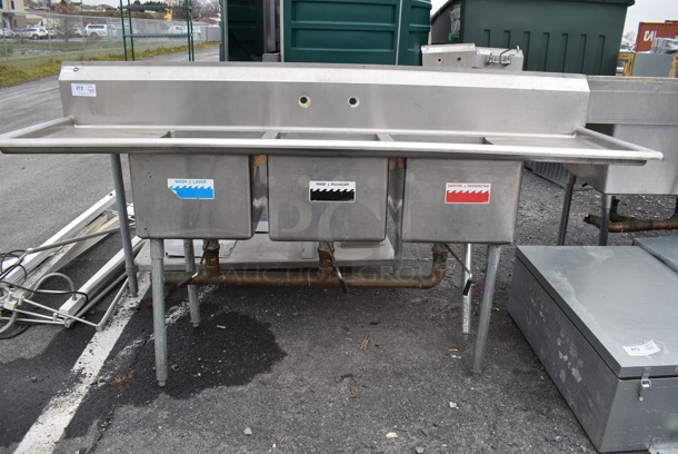 Stainless Steel Commercial 3 Bay Sink w/ Dual Drain Boards. 88x26x45. Bays 16x20x12. Drain Boards 22x16x1
