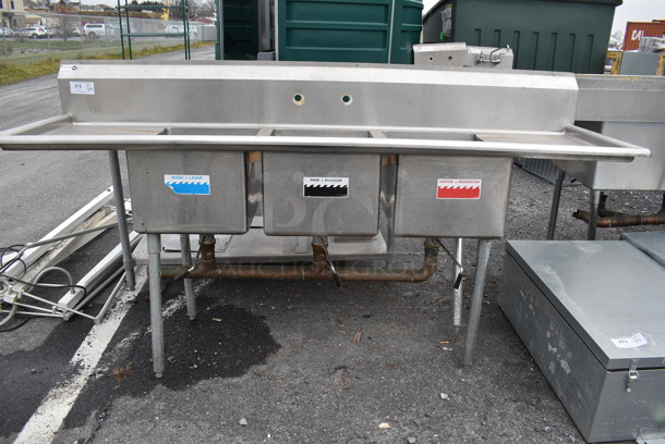 Stainless Steel Commercial 3 Bay Sink w/ Dual Drain Boards. 88x26x45. Bays 16x20x12. Drain Boards 22x16x1 - Image 1 of 7
