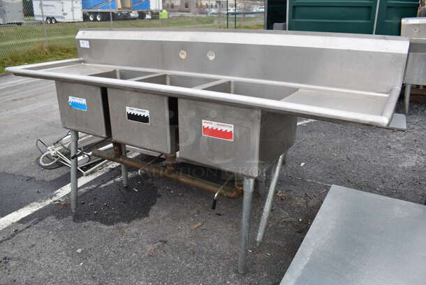 Stainless Steel Commercial 3 Bay Sink w/ Dual Drain Boards. 88x26x45. Bays 16x20x12. Drain Boards 22x16x1 - Image 3 of 7