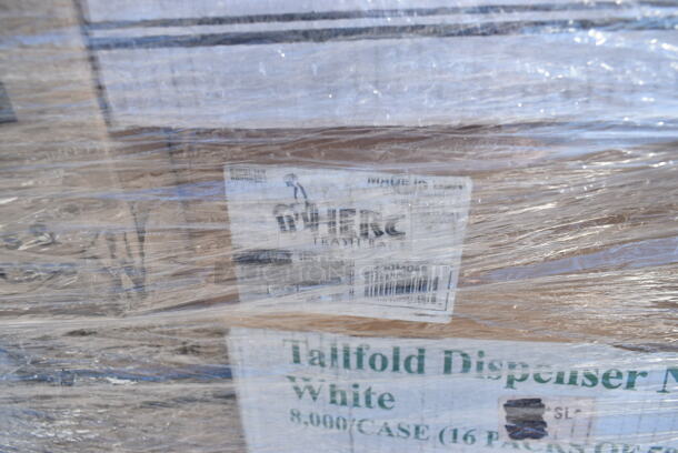 PALLET LOT of 28 BRAND NEW Boxes Including 795NRKFT3 New Roots Kraft PLA-Lined Compostable #3 Take-Out Container 7 3/4" x 5 1/2" x 2 1/2" - 200/Case, 129MCS242CB Choice 30 oz. Black 8 3/4" x 6" x 2 3/4" 2-Compartment Rectangular Microwavable Heavy Weight Container with Lid - 150/Case, 128HD8COMBO ChoiceHD 8 oz. Microwavable Translucent Plastic Deli Container and Lid Combo Pack - 240/Case, 5014046XXH Lavex Pro 45 Gallon 3 Mil 40" x 46" Low Density Heavy-Duty Industrial Contractor Black Trash Bag / Can Liner - 50/Case, 347RPBD10WHG Visions 10" White Plastic Plate with Gold Bands - 120/Case, 2 Box 966TALLFLDB Choice White Tall-Fold 6" x 13" Dispenser Napkin - 8000/Case, 24510PIZZAPAD Choice Single Face Corrugated Pizza Pad - 10" x 10" - 200/Case, 127P2B Choice Black Plastic Souffle Cup / Portion Cup - 2 oz. - 2500/Case, 130BSPOONWP Choice Individually Wrapped Medium Weight Black Plastic Teaspoon - 1000/Case, 4 Box 130BKFORKH Choice Black Heavy Weight Plastic Fork - 1000/Case, Fineline 42RBFL Conserveware PETE Flat Lid for 24/32/40 oz. Round Bowls - 300/Case. 28 Times Your Bid!  - Image 11 of 12