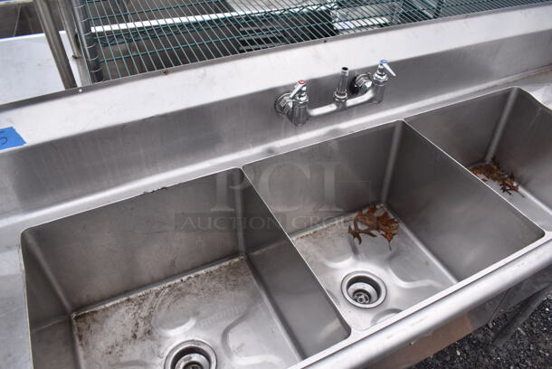 Stainless Steel Commercial 3 Bay Sink w/ Dual Drain Boards and Handles. 90x26x41. Bays 18x18x12. Drain Board 16x12x1 - Image 3 of 5