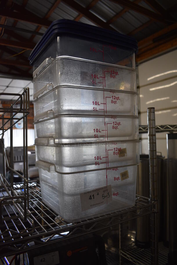 ALL ONE MONEY! Lot of 5 Clear Poly 12 Quart Containers w/ 3 Blue Lids. 11.5x11.5x8 - Image 2 of 4
