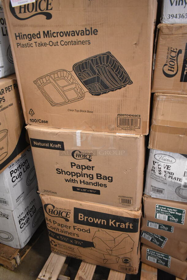 PALLET LOT of 25 BRAND NEW Boxes Including 500TO10103C3 Choice 10" x 10" x 3" Microwaveable 3-Compartment Black / Clear Plastic Hinged Container - 100/Case, 433BR141016C Choice 14" x 10" x 15 3/4" Natural Kraft Paper Customizable Shopping Bag with Handles - 200/Case, 795PTOKFT4 Choice Kraft Microwavable Folded Paper #4 Take-Out Container 7 7/8" x 5 1/2" x 3 1/2" - 160/Case, 4 Box 70204 Duro Husky Dubl Life 4 lb. Heavy Duty Brown Bag - 400/Bundle, 966TALLFLDN Choice Kraft Natural Tall-Fold 6" x 13" Dispenser Napkin - 8000/Case, 130HBKCUTTW Visions Individually Wrapped Black Heavy Weight Plastic Teaspoon - 1000/Case, 147RP10WH99 Visions Round Plates, 612LOB225LBC Choice 2.25 lb. Oblong Foil Take-Out Container with Board Lid - 250/Case, 394365L Noble Products Powder-Free Disposable Clear Vinyl Gloves for Foodservice - Large - 1000/Case, 600WS1548HD Regency 16 Gauge Stainless Steel 15" x 48" Heavy-Duty Solid Wall Shelf, 500CC9 Choice 9 oz. Clear PET Customizable Plastic Squat Cold Cup - 1000/Case, 21435CLRHPAM Cambro 35CLRHP150 H-Pan™ 1/3 Size Amber High Heat Plastic Colander Pan - 5" Deep, 500CC12 Choice Clear PET Customizable Plastic Cold Cup - 12 oz. - 1000/Case. 25 Times Your Bid! - Image 9 of 10