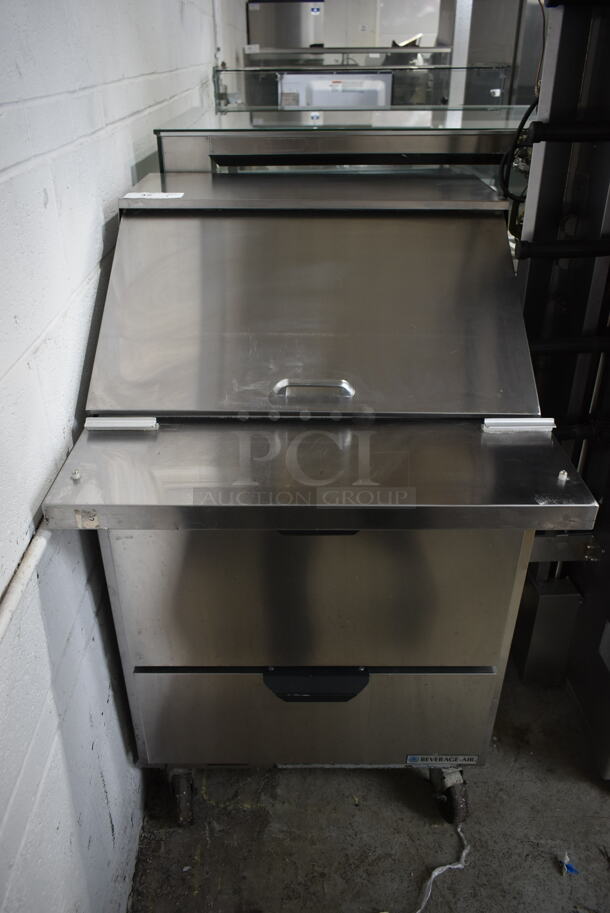 Beverage Air SPED27HC-12M-B Stainless Steel Commercial Sandwich Salad Prep Table Bain Marie Mega Top w/ 2 Drawers on Commercial Casters. 115 Volts, 1 Phase. Tested and Powers On But Does Not Get Cold
