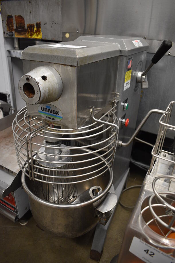 Univex Model SRM20 Metal Commercial Floor Style 20 Quart Planetary Dough Mixer w/ Stainless Steel Mixing Bowl, Bowl Guard, Whisk and Paddle Attachments. 115 Volts, 1 Phase. 15x28x35. Tested and Working!