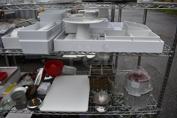 ALL ONE MONEY! Lot of 5 Tiers of Various Smallwares Including White Ceramic Dishes, Glassware, Poly Bins and Food Processor Piece. Does Not Include Shelving Unit - Image 4 of 7