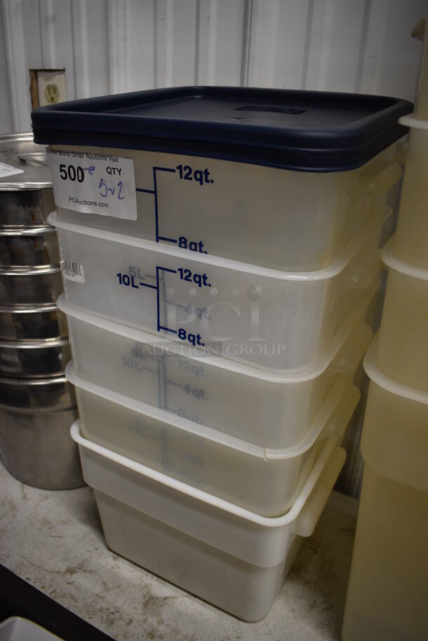 ALL ONE MONEY! Lot of 5 White Poly 12 Quart Containers w/ 2 Blue Lids! 12x11.5x8 - Image 2 of 2
