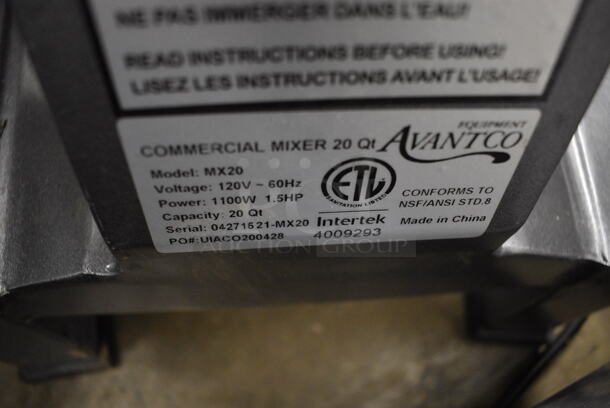 Avantco MX20 Metal Commercial Countertop 20 Quart Planetary Dough Mixer w/ Stainless Steel Mixing Bowl, Bowl Guard and Whisk Attachment. 120 Volts, 1 Phase. 18x20x32. Tested and Working But On Button Needs To Be Held Down - Image 5 of 6