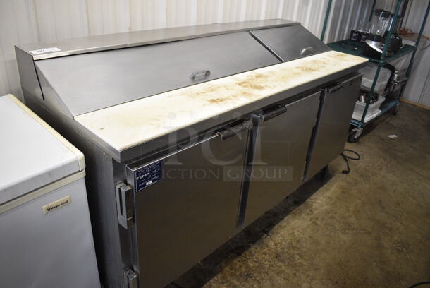 Beverage Air Model SP72-18 Stainless Steel Commercial Sandwich Salad Prep Table Bain Marie Mega Top on Commercial Casters. 115 Volts, 1 Phase. 72x29x42. Tested and Powers On But Does Not Get Cold