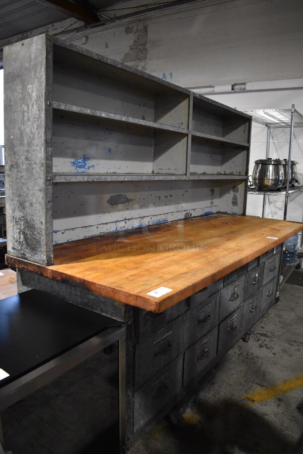Metal Commercial Bakery Table w/ Butcher Block Countertop, Metal Over Shelves and 20 Drawers. 98x36x78