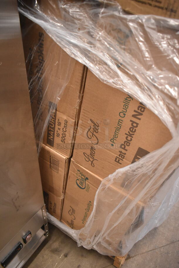 PALLET LOT of 28 BRAND NEW Boxes Including 394360M Noble Products Powdered Disposable Vinyl Gloves for Foodservice - 1000/Case, 4 Box 5004DNAPFLTN Choice Touchstone Natural Linen-Feel Flat-Packed Dinner Napkin 16" x 16" - 500/Case, 612FHL1230 Choice Foil Steam Table Pan Lid - Half Size - 100/Case, 500CC16HD 16 oz. Plastic Cold Cup - 1000/Case, 2 Box 626TS Solo 626TS Clear Flat Lid with Straw Slot - 1000/Case, 2 Box 795PTOKFT3 Choice Kraft Microwavable Folded Paper #8 Take-Out Container 6" x 4 5/8" x 2 1/2" - 300/Case, 2 Box 500TW12 Choice 12 oz. Translucent Thin Wall Plastic Cold Cup - 1000/Case, 274MOPBCKTYE Lavex Yellow Mop Bucket, 433L32C Choice Quart Size Natural Kraft Paper Bag - 500/Case, 130SVFRK480B Visions Silver 7" Heavy Weight Plastic Fork with Black Handle - 480/Case, C25UT1 Dart C25UT1 StayLock® 6 1/8" x 6 1/2" x 3 1/4" Clear Hinged Plastic 6" Square Container - 500/Case, LOOP-GREEN-EO Green Shopping Bags, Choice Medium Weight Black Wrapped Plastic Cutlery Set with Napkin - 250/Case. 28 Times Your Bid! - Image 2 of 12