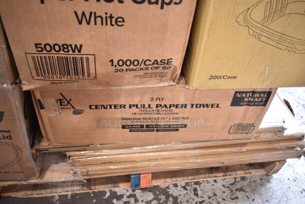 PALLET LOT of 21 BRAND NEW Boxes Including 395TO991 EcoChoice 9" x 9" x 3" Compostable Sugarcane / Bagasse 1 Compartment Take-Out Box - 200/Case, 2 Box 128HDLDBULK ChoiceHD Microwavable Translucent Plastic Deli Container Lid - 480/Case, 5008W Choice 8 oz. Tall White Poly Paper Hot Cup - 1000/Case, Choice 4 oz Portion Cups, Choice 16 oz Clear Shallow Hinged Deli Container, 5002CPTENAT Lavex 2-Ply Natural Kraft Center Pull Paper Towel 510' Roll - 6/Case, 245CB10PLN Choice 10" x 10" x 2" Kraft Customizable Corrugated Plain Pizza Box - 50/Case, 79516ESWHT Emperor's Select 16 oz. White Microwavable Paper Take-Out Container - 450/Case, 5 Box 600PSWT3048F Regency 30" x 48" Poly Table Top for 30" x 48" Poly Top Table without Backsplash. 21 Times Your Bid! - Image 6 of 8