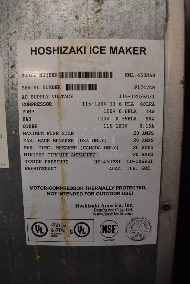 Hoshizaki KML-450MAH Stainless Steel Commercial Ice Machine Head on Commercial Ice Bin. 115-120 Volts, 1 Phase. 31x34x55.5 - Image 5 of 5