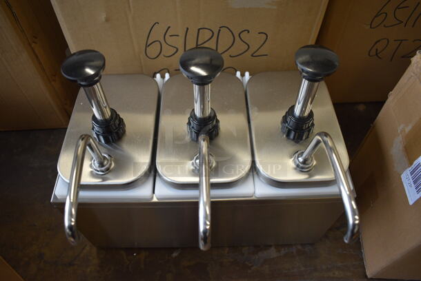 BRAND NEW! Servsense Stainless Steel Countertop Condiment Rail w/ 3 White Poly Drop Ins and 3 Pump Lids. 14.5x12x13 - Image 3 of 5