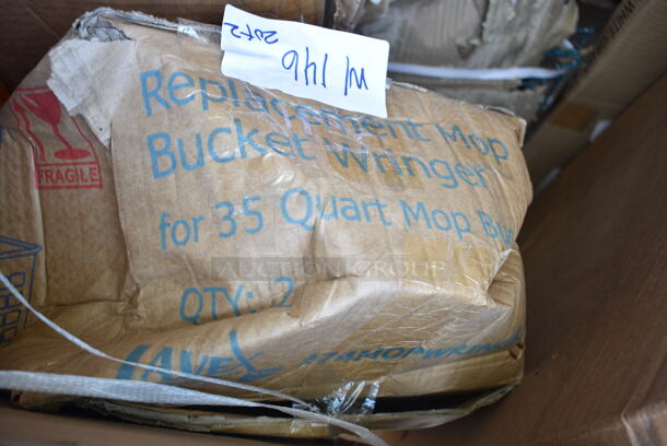 2 BRAND NEW SCRATCH AND DENT! Items; Lancaster Table & Seating 3493048T 
 30" x 48" Laminated Rectangular Table Top Reversible Walnut / Oak and Lavex 274MOPWRINGR Yellow Replacement Mop Bucket Side Press Wringer for Lavex Mop Buckets. 2 Times Your Bid!  - Image 4 of 5