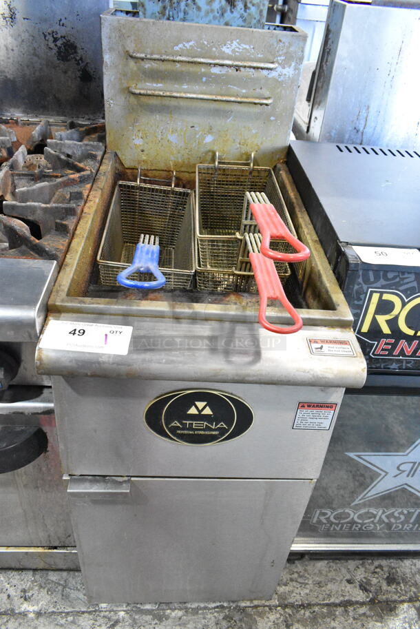 2020 Atena F3-N Stainless Steel Commercial Floor Style Natural Gas Powered Deep Fat Fryer w/ 3 Metal Fry Baskets. 90,000 BTU.  - Image 1 of 6