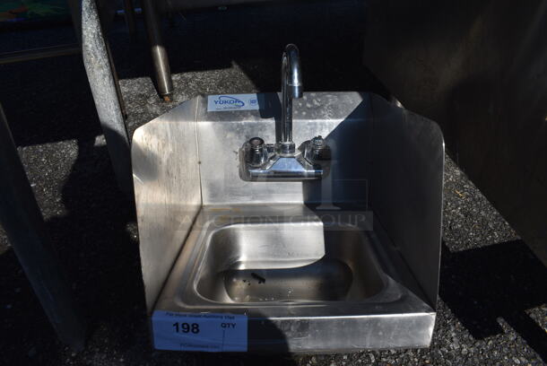 Stainless Steel Single Bay Wall Mount Sink w/ Faucet, Handles and Side Splash Guards. 12x16x18
