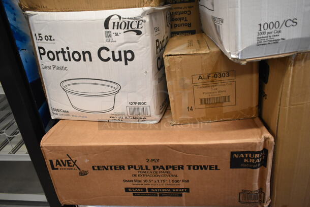 PALLET LOT of 20 BRAND NEW Boxes Including Tuxton BPM-135L 13.5 oz. Porcelain White Newport China Mug - 36/Case, Tuxton ALF-0303 Alaska 3 oz. Stackable Bright White China Espresso Cup - 36/Case, 127P150C Choice 1.5 oz. Clear Plastic Souffle Cup / Portion Cup - 2500/Case, 5002CPTENAT Lavex 2-Ply Natural Kraft Center Pull Paper Towel 510' Roll - 6/Case, 130BKFSNSPH Visions Wrapped Black Heavy Weight Cutlery Pack with Knife, Fork, Spoon, Napkin S&P  - 500/case, 2 Box 130HBKCUTFW Visions Individually Wrapped Black Heavy Weight Plastic Fork - 1000/Case, 760SOUP6WB Choice 6 oz. White Double Poly-Coated Paper Food Cup - 1000/Case, 795PTOKFTW3 Choice 8 1/2" x 6" x 2 1/2" Kraft Folded Paper #3 Take-Out Container with Window - 160/Case. 20 Times Your Bid! - Image 4 of 10