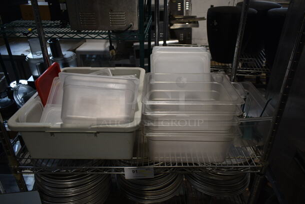 ALL ONE MONEY! Lot of Items on Shelving Unit and Sign; Includes Metal Round Baking Pans and Poly Drop In Bins. Does Not Include Shelving Unit.  - Image 4 of 6