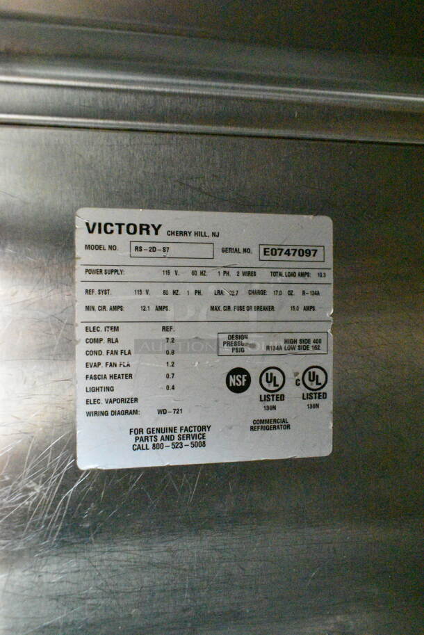 Victory RS-2D-S7 Stainless Steel Commercial 2 Door Reach In Cooler. 115 Volts, 1 Phase. Tested and Powers On But Does Not Get Cold - Image 6 of 6