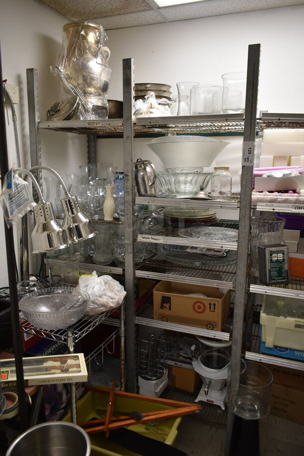 ALL ONE MONEY! ROOM LOT of Various items Including Shelving Units and Contents Including Warming Lamps, Ice Bucket, Vases. BUYER MUST REMOVE. (dish room) - Image 3 of 7