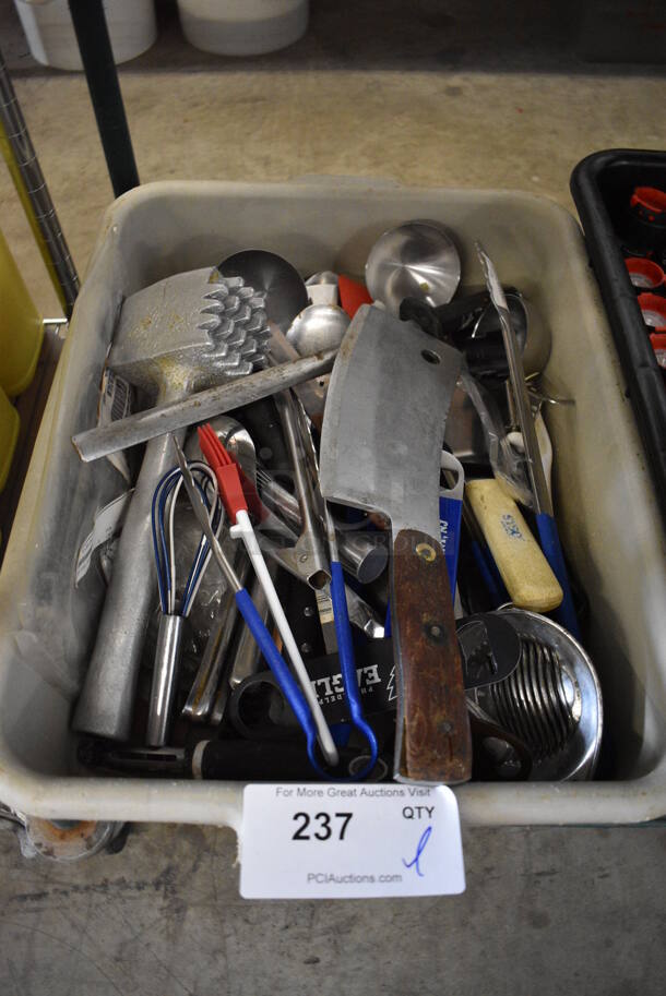 ALL ONE MONEY! Lot of Various Metal Utensils In Gray Poly Bus Bin Including Knife, Meat Tenderizer and Tongs