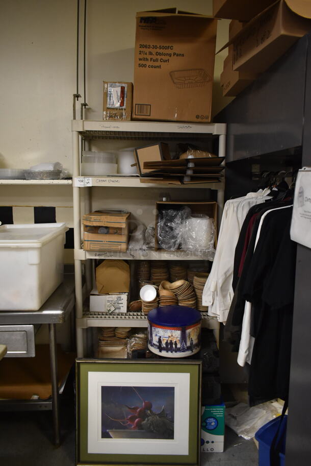 Tan Poly 6 Tier Shelving Unit w/ Contents Including Paper Products. BUYER MUST REMOVE: BUYER MUST DISMANTLE. PCI CANNOT DISMANTLE FOR SHIPPING. PLEASE CONSIDER FREIGHT CHARGES. (dish room) - Image 1 of 7