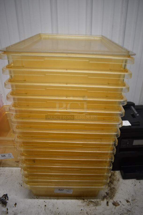 ALL ONE MONEY! Lot of 14 Amber Colored Poly Bins w/ 1 Lid. 18x26x6