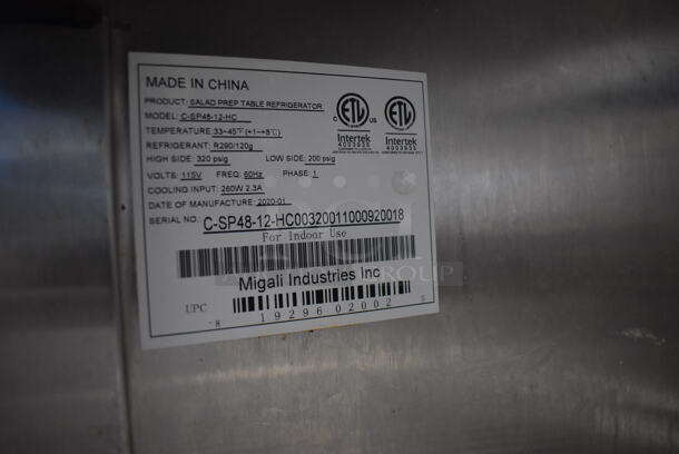 2020 Migali C-SP48-12-HC Stainless Steel Commercial Sandwich Salad Prep Table Bain Marie Mega Top on Commercial Casters. 115 Volts, 1 Phase. 48x30x45. Tested and Working! - Image 7 of 8