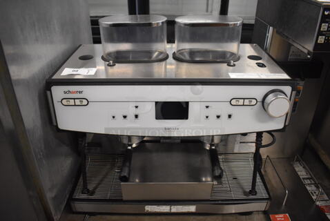 Schaerer Barista Stainless Steel Commercial Countertop 2 Group Espresso Machine w/ 2 Portafilters, 2 Steam Wands and 2 Hoppers. 208 Volts, 1 Phase. 29x25x31