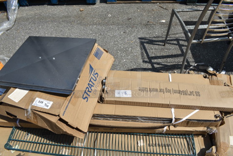 3 BRAND NEW SCRATCH AND DENT! Items; 34" Work Table Legs, Frymaster 1081872SP Lid and Stratus American Louver Company Stratus White Plaque Diffuser with 12" Neck STR-PQ-12W. 3 Times Your Bid!