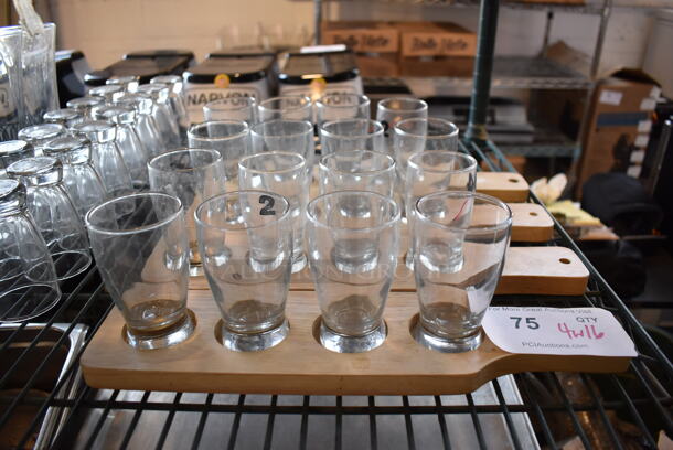 4 Wooden Flight Boards w/ 4 Glasses Each. 14x3.5x1, 2.25x2.25x4. 4 Times Your Bid! - Image 1 of 3