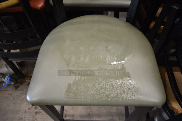 2 Black Metal Bar Height Chairs w/ Green Seat Cushions. 17x18x44. 2 Times Your Bid! - Image 2 of 3