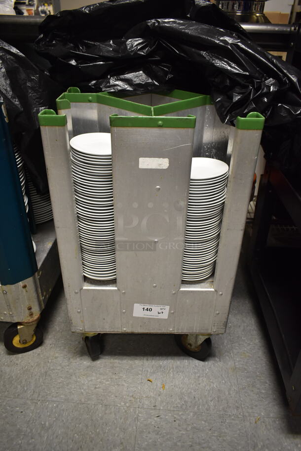 Metal Commercial Dish Cart on Commercial Casters w/ Ceramic Plates. (dish room)