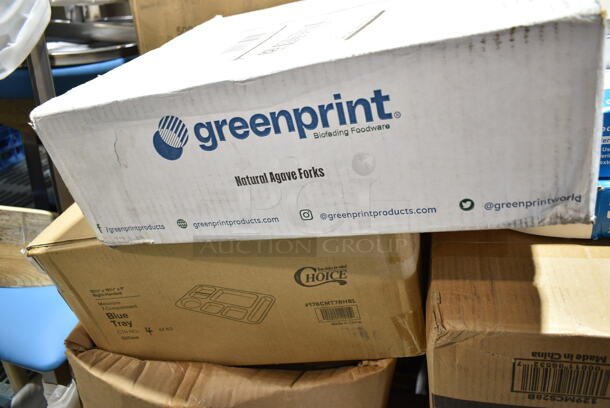 PALLET LOT of 24 BRAND NEW Boxes Including 395RP07 EcoChoice Compostable Sugarcane / Bagasse 7" Plate - 1000/Case, 130LID18 Visions 18" Clear PET Plastic Round Catering Tray High Dome Lid - 25/Case, 2 Box Choice Printed Hot Cup Sleeves, 127RD16BULK Choice 16 oz. Customizable Microwavable Translucent Round Deli Container - 500/Case, 129MCS28B Choice 28 oz. Black Rectangular Microwavable Heavy Weight Container with Lid 8 3/4" x 6 1/4" x 1 3/4" - 150/Case, Choice Blue Trays, 5002TPJPR1K Lavex Universal 2-Ply Jumbo 1000' Toilet Paper Roll with 8 1/2" Diameter - 12/Case, 100BTWINE Choice #24 Gauge Butcher Sausage Twine 2 lb. Spool, 130SVFRK600C Visions 7 1/4" Silver Classic Heavy Weight Silver Plastic Fork - 600/Case, 2 Box Small Vinyl Exam Gloves, 760PCC03W Choice White Poly Paper Cold Cup. 24 Times Your Bid! - Image 12 of 12