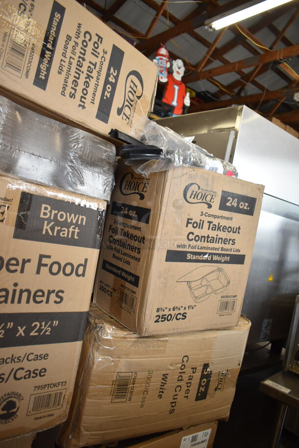 PALLET LOT of 32 BRAND NEW Boxes Including 612D3COMP Choice 8 1/2"x 6 3/8" 3-Compartment Oblong Foil Take-Out Container with Board Lid - 250/Case, 795PTOKFT3 Choice Kraft Microwavable Folded Paper #3 Take-Out Container 7 3/4" x 5 1/2" x 2 1/2" - 200/Case, 5008W Choice 8 oz. Tall White Poly Paper Hot Cup - 1000/Case, 2 Box Dart Foam Hinged Lid Containers, 164TBHRDWR8 Lancaster Table & Seating 12 Piece Floor Glide and Screw Table Base Hardware Kit, 5012433M1 Lavex Li'l Herc 12-16 Gallon 0.9 Mil 24" x 32" Low Density Medium-Duty Black Can Liner / Trash Bag - 250/Case, 394385L Noble Products White Powder-Free Disposable Latex Gloves for Foodservice - Large - 1000/Case, 760PCC05W Choice 5 oz. White Poly Paper Cold Cup - 3000/Case, 126MF883B3C Ecopax 8" x 8" 3-Compartment Microwaveable Black Mineral-Filled Plastic Hinged Take-Out Container - 150/Case. 32 Times Your Bid! - Image 9 of 10