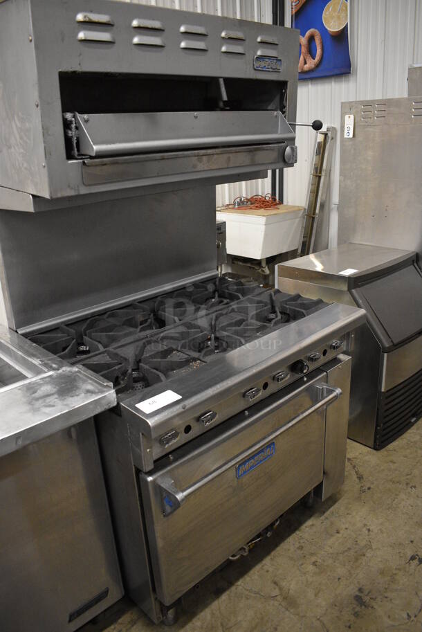 Imperial Stainless Steel Commercial Natural Gas Powered 6 Burner Range w/ Oven and Salamander Cheese Melter. 36x34x71 - Image 2 of 6