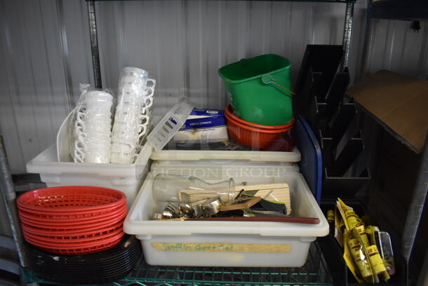 ALL ONE MONEY! Tier Lot of Various Items Including Poly Food Baskets, Bins, Mugs and Fly Paper Rolls