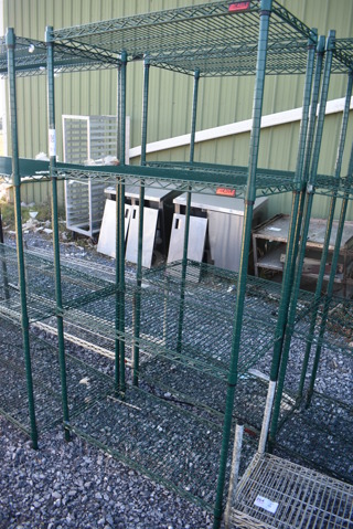 Eagle Green Finish 4 Tier Wire Shelving Unit. BUYER MUST DISMANTLE. PCI CANNOT DISMANTLE FOR SHIPPING. PLEASE CONSIDER FREIGHT CHARGES. 36x18x74