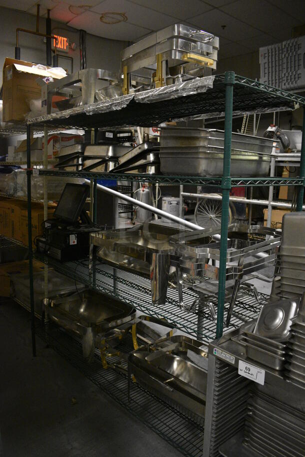 Green Finish 4 Tier Wire Shelving Unit w/ Contents Including Chafing Dish Frames, Drop In Bins and Chafing Lids. Does NOT Include POS System. BUYER MUST REMOVE. BUYER MUST DISMANTLE. PCI CANNOT DISMANTLE FOR SHIPPING. PLEASE CONSIDER FREIGHT CHARGES. 72x24x72. (kitchen)