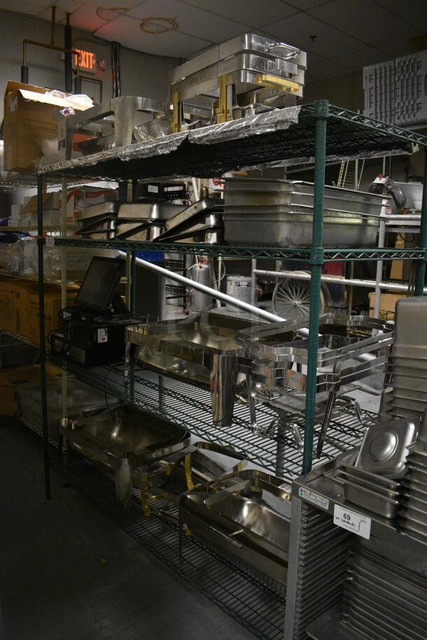 Green Finish 4 Tier Wire Shelving Unit w/ Contents Including Chafing Dish Frames, Drop In Bins and Chafing Lids. Does NOT Include POS System. BUYER MUST REMOVE. BUYER MUST DISMANTLE. PCI CANNOT DISMANTLE FOR SHIPPING. PLEASE CONSIDER FREIGHT CHARGES. 72x24x72. (kitchen) - Image 1 of 8