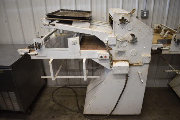 Acme Model 88 Metal Commercial Floor Style Electric Powered Dough Sheeter on Commercial Casters. 115 Volts, 1 Phase. 32x58x57. Tested and Powers On But Conveyor Does Not Move
