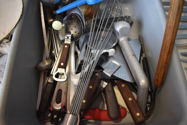 ALL ONE MONEY! Lot of Various Utensils Including Whisk, Serving Spoons in Gray Poly Bus Bin!  - Image 4 of 4