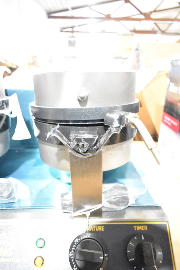 BRAND NEW SCRATCH AND DENT! 2023 Carnival King 382WBM26 Stainless Steel Commercial Countertop Non-Stick Double Belgian Waffle Maker with Timers. 120 Volts, 1 Phase. See Pictures for Damage. Tested and Working! - Image 5 of 9