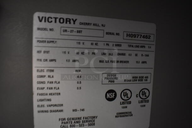 Victory UR-27-SST Stainless Steel Commercial Single Door Undercounter Cooler on Commercial Casters. 115 Volts, 1 Phase. 27x30x34. Tested and Powers On But Does Not Get Cold - Image 5 of 6