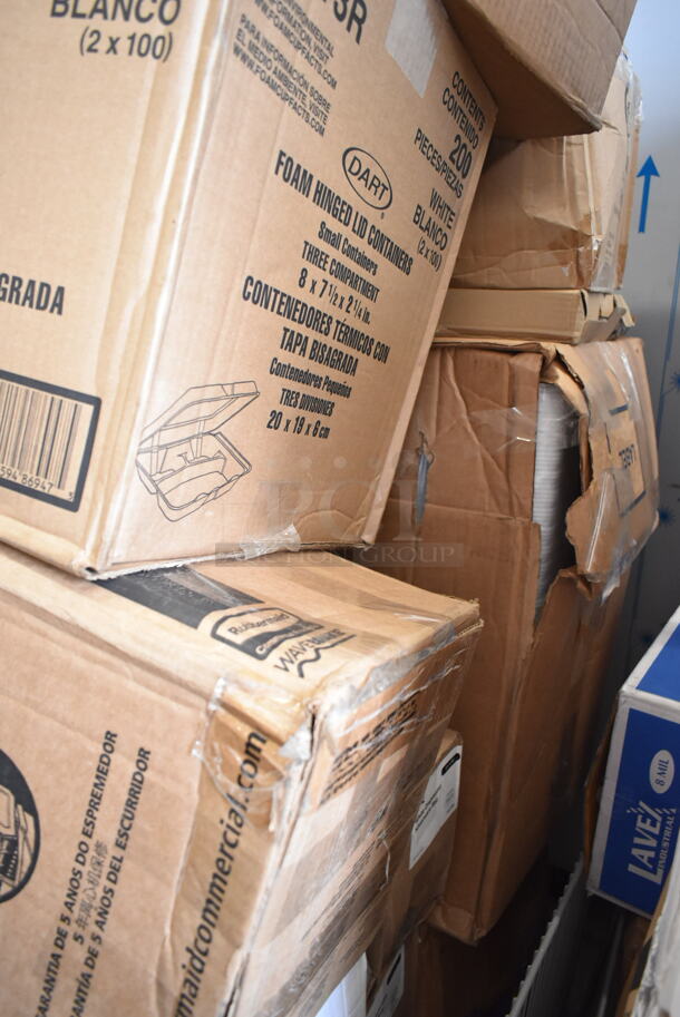 PALLET LOT of 27 BRAND NEW Boxes Including 130HCLCUTFW Visions Individually Wrapped Clear Heavy Weight Plastic Fork - 1000/case, 5005DNAPFLTE Choice White Linen-Feel Flat - Packed Dinner Napkin, 3 Box 5002TPJPREM Lavex Premium 2-Ply Jumbo 720' Toilet Paper Roll with 9" Diameter - 12/Case, Dart 80HT3R 8" x 7 1/2" x 2" White Foam Three-Compartment Square Take Out Container with Hinged Lid - 200/Case, Choice 8 lb. Clear Plastic Ice Bag with Ice Print - 1000/Case, Choice White Disposable Silverware Bags, 500TW5 Choice 5 oz. Translucent Thin Wall Plastic Cold Cup - 2500/Case, 502386016CL Lavex 55-60 Gallon 16 Micron 38" x 60" High Density Janitorial Can Liner / Trash Bag - 200/Case, 612527HD Choice 7" Round Heavy Weight Foil Take-Out Pan - 500/Case, 4 Box 130BKFSNSPH Visions Heavy Weight Black Wrapped Plastic Cutlery Pack with Napkin and Salt and Pepper Packets - 500/Case, Ashland Grease Trap. 27 Times Your Bid! - Image 11 of 11