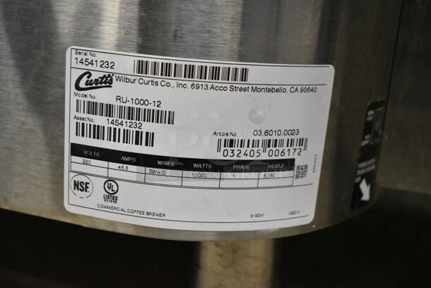 Curtis RU-1000 Stainless Steel Commercial Countertop Double Coffee Machine. 220 Volts, 1 Phase.  - Image 8 of 8