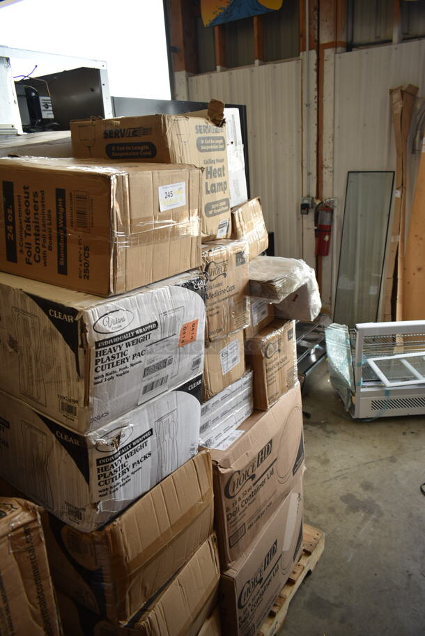 PALLET LOT of 31 BRAND NEW Boxes Including 612D3COMP Choice 8 1/2"x 6 3/8" 3-Compartment Oblong Foil Take-Out Container with Board Lid - 250/Case, 2 Box 130CLKFSNH Visions Individually Wrapped Clear Heavy Weight Cutlery Pack with Napkin - 500/Case, 4 Box 128HDLDBULK ChoiceHD Microwavable Translucent Plastic Deli Container Lid - 480/Case, 346MEDCUP1Z Choice 1 oz. Disposable Polypropylene Graduated Medicine Cup - 5000/Case, 423HLS85SS ServIt HLS85SS 8' Cut-to-Length Ceiling Mount Heat Lamp with Modern Stainless Steel Round Dome Shade, Choice Medicine Cups, 105GC49973 Choice 3 Part Tan and White Carbonless Guest Check with Beverage Lines and Bottom Guest Receipt - 2000/Case, 2 Box 500CC20 Choice Clear PET Customizable Plastic Cold Cup - 20 oz. - 600/Case, Henny Penny 12090 Prime 11" x 19" Filter Pad - 30/Case, 3 Box 433SLINER2BL Baker's Lane 12" x 16" Half Size Silicone Coated Parchment Paper Bun / Sheet Pan Liner Sheet - 1000/Case. 31 Times Your Bid! - Image 3 of 12