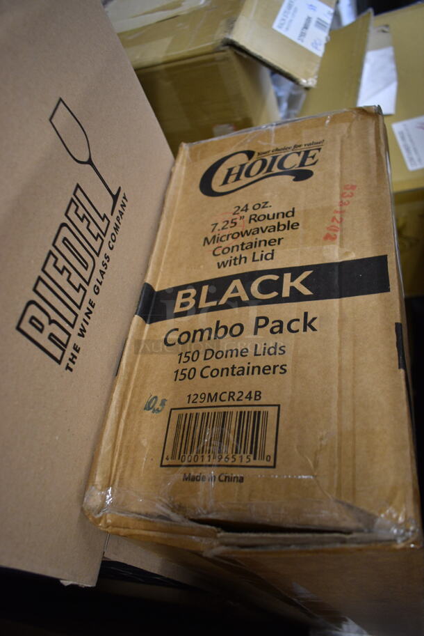 PALLET LOT of 35 BRAND NEW Boxes Including 2 Box 395TO991 EcoChoice 9" x 9" x 3" Compostable Sugarcane / Bagasse 1 Compartment Take-Out Box - 200/Case, 2 Box 395TO993 EcoChoice 9" x 9" x 3" Compostable Sugarcane / Bagasse 3 Compartment Takeout Container - 200/Case, Choice Portion Cup, 2 Box 394365L Noble Large Gloves, Choice 100260CH00260CH Take Out Containers, Dart 80HT1R 8" x 7 1/2" x 2" White Foam Square Take Out Container with Hinged Lid - 200/Case, 17622STPNLCL Choice 22 oz. Clear SAN Plastic Paneled Tumbler - 12/Pack, Choice 4 oz Portion Cups, 129MCR24B Choice 24 oz. Black Round Microwavable Heavy Weight Container with Lid 7 1/4" - 150/Case, 2454/97 Chardonnay Glasses, 129MCR32B Choice 32 oz. Black Round Microwavable Heavy Weight Container with Lid 7 1/4" - 150/Case, Visions Black Plastic Tray, Choice Cling Film, 395TO991 EcoChoice 9" x 9" x 3" Compostable Sugarcane / Bagasse 1 Compartment Take-Out Box - 200/Case, 2 Box 130BGKFSNSPH Visions Heavy Weight Beige Wrapped Plastic Cutlery Pack with Napkin and Salt and Pepper Packets - 500/Case, Ceiling Mount Heat Lamp. 35 Times Your Bid! - Image 8 of 12