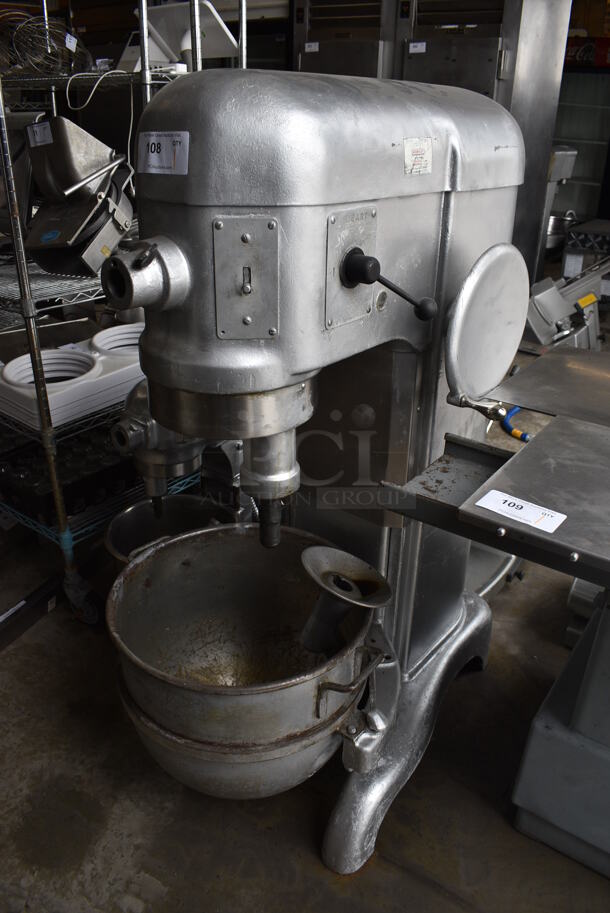 Hobart Model H-600 Metal Commercial Floor Style 60 Quart Planetary Dough Mixer w/ Metal Mixing Bowl and Dough Hook Attachment. 230 Volts, 1 Phase. 25x39x55